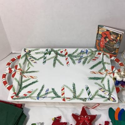 Lot 1589 Large Candy Cane Serving Tray/Snowman Serving Bowl/Miniature Mitten Ornaments, Red & Green Napkins