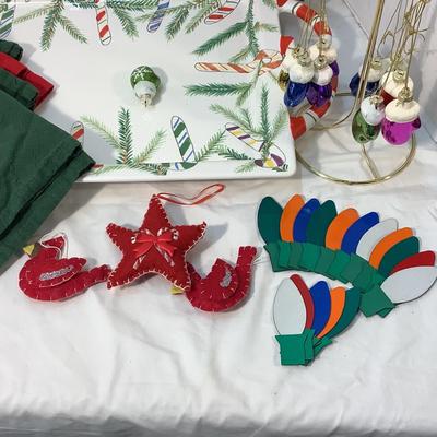 Lot 1589 Large Candy Cane Serving Tray/Snowman Serving Bowl/Miniature Mitten Ornaments, Red & Green Napkins