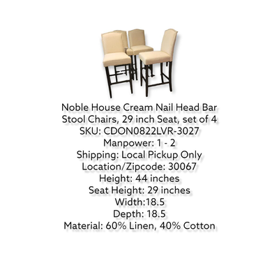 Noble House Cream Nail Head Bar Stool Chairs Size 29 Inch Seat, Set Of 4