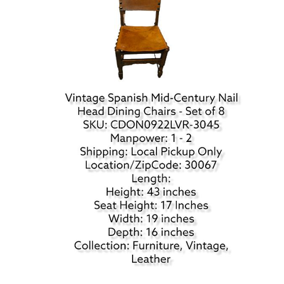Vintage Spanish Mid-Century Nail Head Dining Chair Set of 8 Seat Height 17 Inche