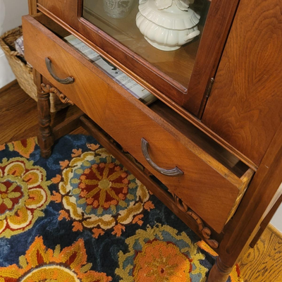 Antique Vintage Brown Wood Display Cabinet With One Shelf, And One Drawer