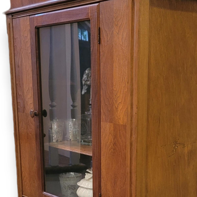 Antique Vintage Brown Wood Display Cabinet With One Shelf, And One Drawer