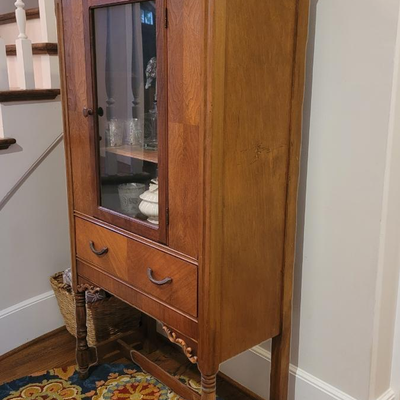 Antique Vintage Brown Wood Display Cabinet With One Shelf, And One Drawer