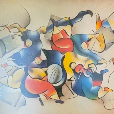 Vintage David Schloss Framed Symphony, Israel Artist Colorful Print Art DÃ©cor