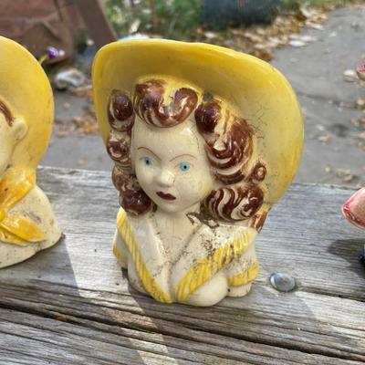 Vintage Cowboy Cowgirl Head Vases & Cow creamer