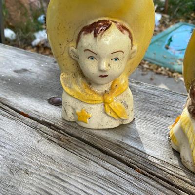 Vintage Cowboy Cowgirl Head Vases & Cow creamer