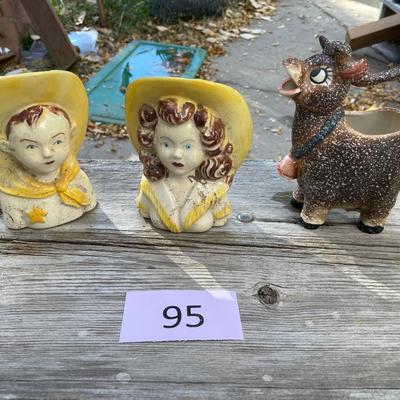 Vintage Cowboy Cowgirl Head Vases & Cow creamer