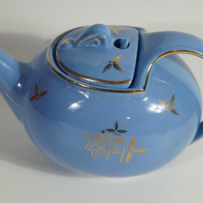 VINTAGE HALL POTTERY TEAPOT CADET BLUE W/ GOLD DESIGN #0749