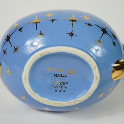 VINTAGE HALL POTTERY TEAPOT CADET BLUE W/ GOLD DESIGN #0749