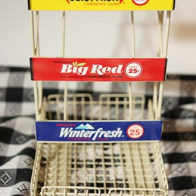 VINTAGE CHEWING GUM DISPLAY WIRE RACK JUICY FRUIT AND OTHER METAL LABELS.