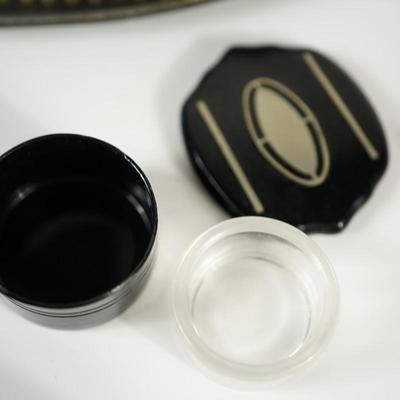 NINE PIECE ART DECO VANITY SET TO BLACK W/SILVER TRIM.