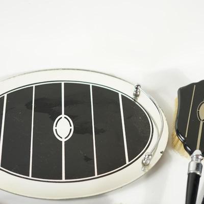 NINE PIECE ART DECO VANITY SET TO BLACK W/SILVER TRIM.