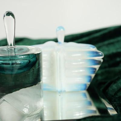 PAIR OF ART GLASS PERFUME BOTTLES TO INCLUDE CASED TEAL/ OPALESCENT DECO STYLE