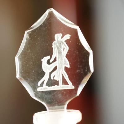 PAIR OF VINTAGE PERFUME BOTTLES TO INCLUDE CZECHOSLOVAKIAN /INTAGLIO CUT DABBER LADY W/ WHIPPET