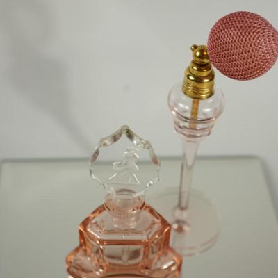 PAIR OF VINTAGE PERFUME BOTTLES TO INCLUDE CZECHOSLOVAKIAN /INTAGLIO CUT DABBER LADY W/ WHIPPET