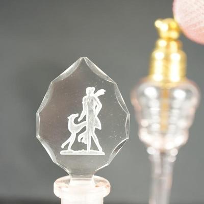 PAIR OF VINTAGE PERFUME BOTTLES TO INCLUDE CZECHOSLOVAKIAN /INTAGLIO CUT DABBER LADY W/ WHIPPET