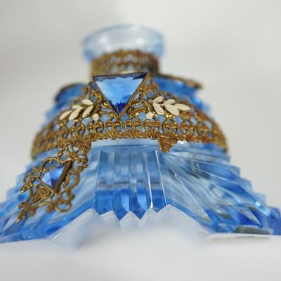 EXCEPTIONAL VINTAGE BLUE GLASS/ METAL CASING/ CUT GLASS DABBER/APPLIED GLASS JEWELS. PERFUME