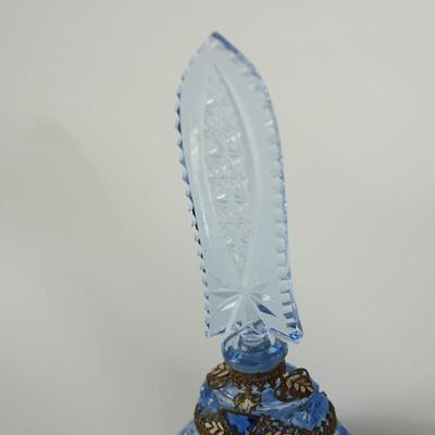 EXCEPTIONAL VINTAGE BLUE GLASS/ METAL CASING/ CUT GLASS DABBER/APPLIED GLASS JEWELS. PERFUME