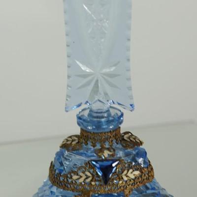 EXCEPTIONAL VINTAGE BLUE GLASS/ METAL CASING/ CUT GLASS DABBER/APPLIED GLASS JEWELS. PERFUME