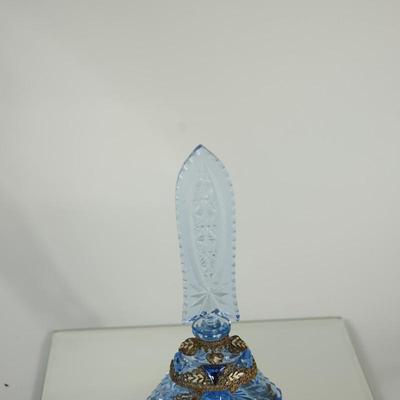 EXCEPTIONAL VINTAGE BLUE GLASS/ METAL CASING/ CUT GLASS DABBER/APPLIED GLASS JEWELS. PERFUME