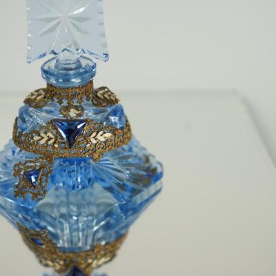 EXCEPTIONAL VINTAGE BLUE GLASS/ METAL CASING/ CUT GLASS DABBER/APPLIED GLASS JEWELS. PERFUME