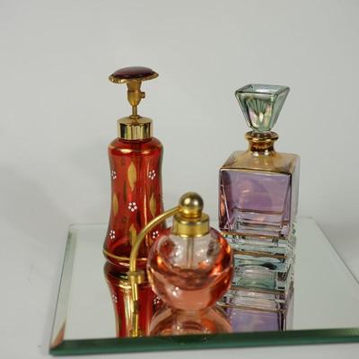 GROUPING OF PERFUME BOTTLES, AURORA BOREALIS, CRANBERRY AND ROUND SWEET PINK
