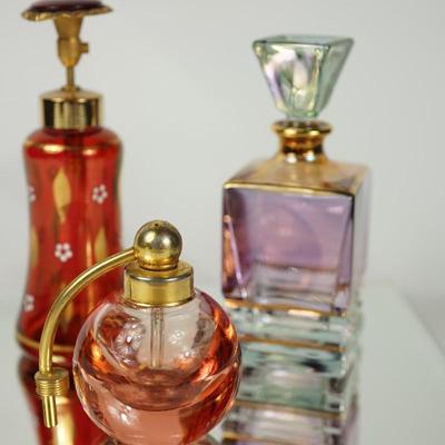 GROUPING OF PERFUME BOTTLES, AURORA BOREALIS, CRANBERRY AND ROUND SWEET PINK