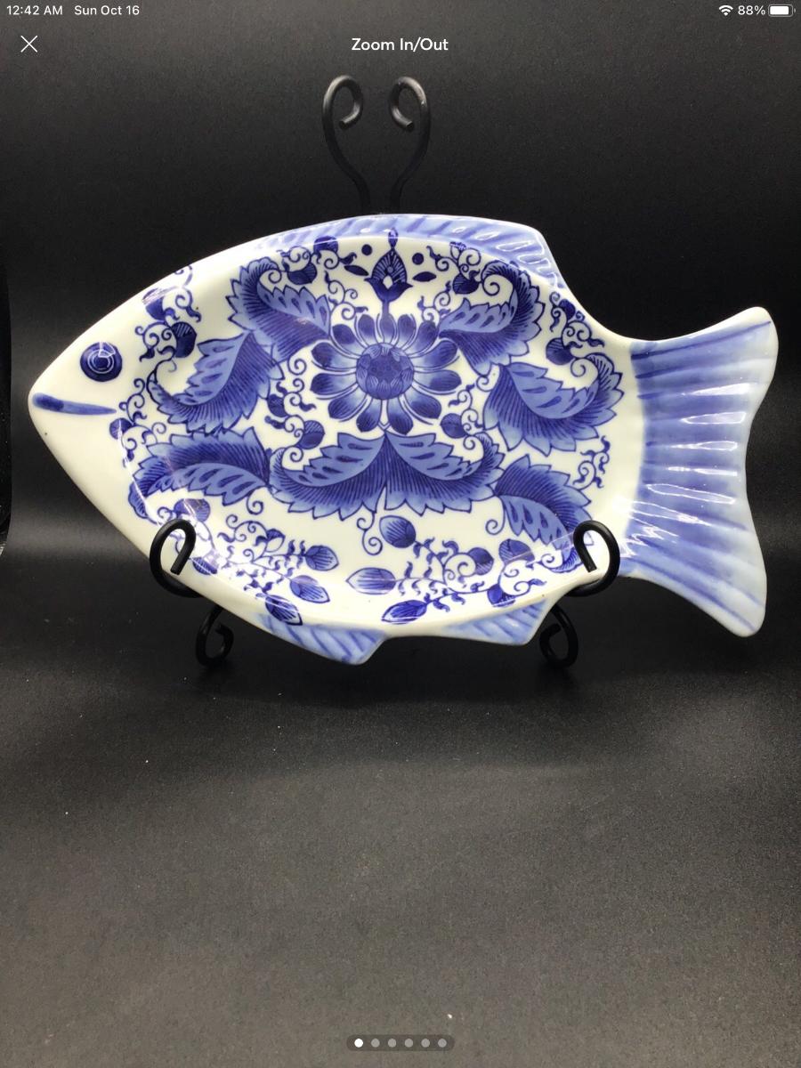 Vintage Fish Shaped Plate Platter Blue And White Delft Style