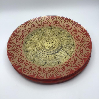 Reverse Painted Round Glass Plates Red Gold Sun Design