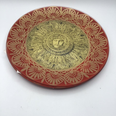 Reverse Painted Round Glass Plates Red Gold Sun Design
