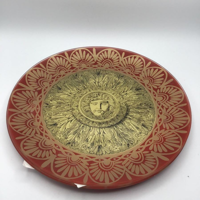Reverse Painted Round Glass Plates Red Gold Sun Design