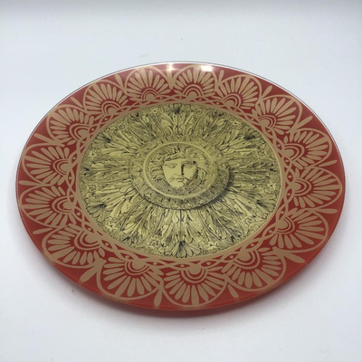 Reverse Painted Round Glass Plates Red Gold Sun Design