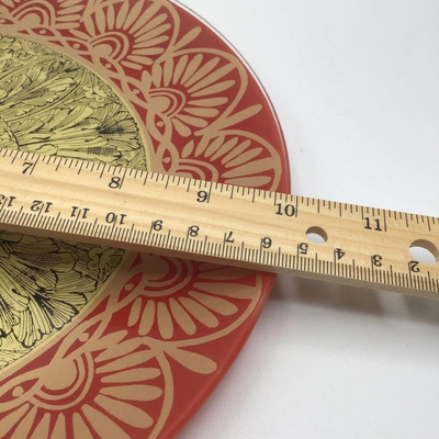 Reverse Painted Round Glass Plates Red Gold Sun Design