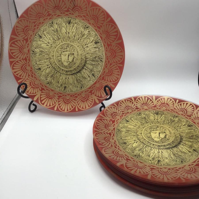 Reverse Painted Round Glass Plates Red Gold Sun Design