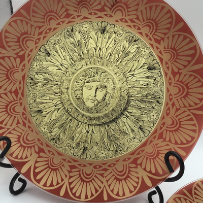 Reverse Painted Round Glass Plates Red Gold Sun Design