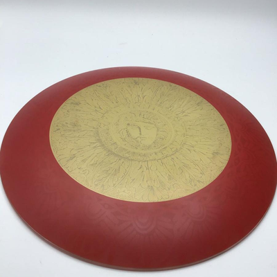 Reverse Painted Round Glass Plates Red Gold Sun Design