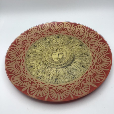Reverse Painted Round Glass Plates Red Gold Sun Design