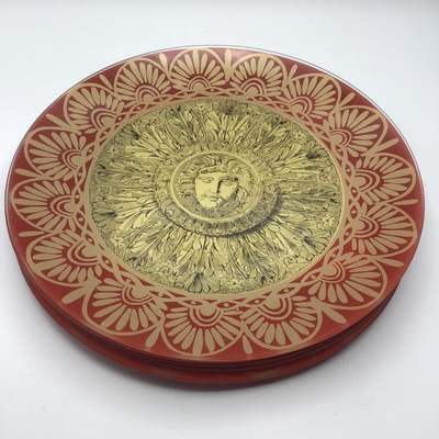 Reverse Painted Round Glass Plates Red Gold Sun Design