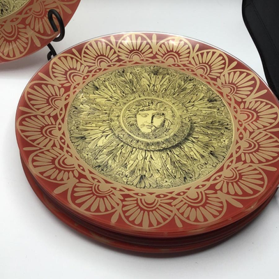 Reverse Painted Round Glass Plates Red Gold Sun Design