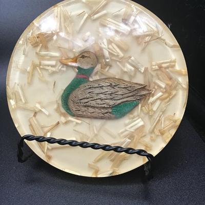 Mid Century Lucite Duck with Straw Footed Trivet