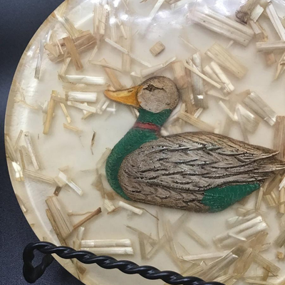 Mid Century Lucite Duck with Straw Footed Trivet
