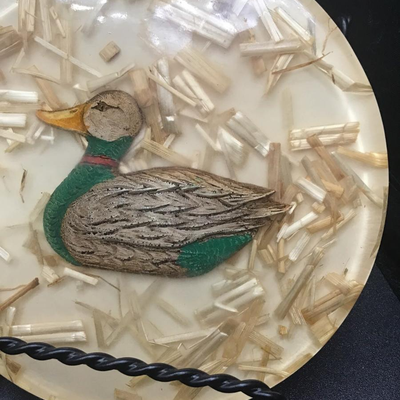 Mid Century Lucite Duck with Straw Footed Trivet