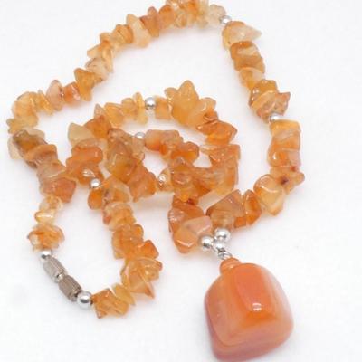 Polished Stone Pendant, Amber Colored Chips