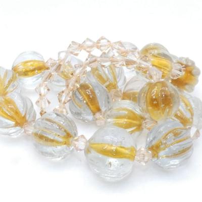 Clear & Gold  Glass Ribbon Like Beaded Necklace