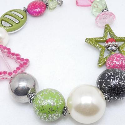 Lime Green & Pink Christmas Statement Necklace, Christmas Tree, Star, Glitter