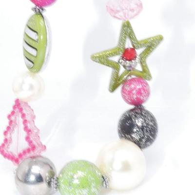 Lime Green & Pink Christmas Statement Necklace, Christmas Tree, Star, Glitter