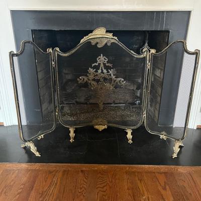 Ornate Brass Three-Paneled Fireplace Screen (LR-MG)
