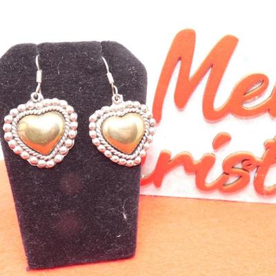 Mexico Silver & Gold Tone Dangle Heart Earrings