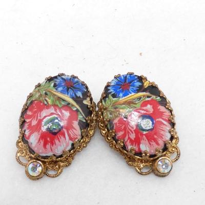 Gorgeous West Germany  Filagree Hand Painted Porcelain Clip Earrings