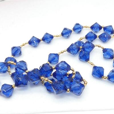 Pretty Gold Tone Blue Beaded Necklace